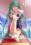  aqua_eyes aqua_hair barefoot day feet geduan hatsune_miku highres legs long_hair nail_polish ocean one-piece_swimsuit one_eye_closed school_swimsuit sky soles solo swimsuit toenail_polish tongue tongue_out twintails umbrella very_long_hair vocaloid 