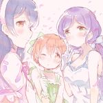  bangs blue_hair blush choker closed_mouth commentary_request dress gloves hair_between_eyes hair_ribbon hoshizora_rin lily_white_(love_live!) long_hair looking_at_viewer love_live! love_live!_school_idol_project low_twintails multiple_girls one_eye_closed orange_hair purple_hair ribbon shijimi_kozou shiranai_love_oshiete_love short_hair sonoda_umi toujou_nozomi twintails yellow_eyes 