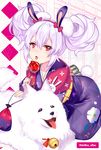  animal_ears azur_lane bell blush bow bunny_ears bunny_tail candy_apple dog eyebrows_visible_through_hair floral_print food hair_between_eyes hairband holding holding_food japanese_clothes jingle_bell kimono kneeling laffey_(azur_lane) lavender_hair leaning_forward looking_at_viewer open_mouth polka_dot polka_dot_background pouch red_bow red_eyes tail tongue tongue_out twintails twitter_username vhumiku white_background 