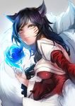  ahri animal_ears bangs black_hair breasts commentary_request facial_mark fingernails fox_ears fox_tail impossible_clothes impossible_shirt league_of_legends lips long_hair looking_at_viewer medium_breasts niimaru shirt simple_background smile solo strapless tail yellow_eyes 