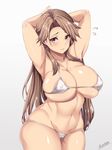  areola_slip areolae armpits arms_up artist_name bikini blush breasts brown_eyes brown_hair cleavage covered_nipples flying_sweatdrops granblue_fantasy grey_background highres katalina_aryze large_breasts lips long_hair moisture_(chichi) navel signature skindentation solo swimsuit thighs very_long_hair white_background white_bikini wide_hips 