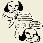 2017 anthro ass_up butt canine comic digital_media_(artwork) disembodied_penis dog dot_eyes duo english_text featureless_chest female grinding hi_res hot_dogging humanoid_penis itsunknownanon lying male mammal monochrome nintendo nintendo_switch nude on_front penis presenting presenting_hindquarters pussy pussy_juice pussyjob short_stack simple_background smile switch_dog text vein video_games 