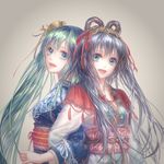  blue_grey_hair hair_accessories hatsune_miku luo_tianyi pigtails ribbon teal_hair yukata 