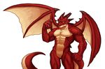  4_fingers abs anthro biceps boongar claws dragon fangs featureless_crotch flexing green_eyes horn looking_at_viewer male membranous_wings muscular nude pecs red_scales reptile scales scalie simple_background solo standing teeth triceps white_background wings yellow_sclera 