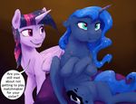  2018 ? blue_hair brown_background chest_tuft cosmic_hair crossed_arms cushion cute cutie_mark dialogue duo english_text equine eyebrows eyelashes feathered_wings feathers female friendship_is_magic fur hair hi_res horn inside mammal multicolored_hair my_little_pony nude open_mouth open_smile pouting princess_luna_(mlp) puffed_cheeks purple_eyes silfoe simple_background sitting smile sparkles speech_bubble standing teal_eyes teeth text tongue tuft twilight_sparkle_(mlp) winged_unicorn wings 