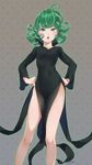  absurdres artist_name black_dress colorized contrapposto covered_navel curly_hair dress flipped_hair gaston18 green_eyes green_hair hands_on_hips highres murata_yuusuke one-punch_man open_mouth pelvic_curtain pink_lips short_hair side_slit solo standing tatsumaki 