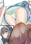  ass bangs black_hair blue_eyes blue_panties blush brown_skirt commentary_request eyebrows_visible_through_hair fitting hair_between_eyes hairband husimineko idolmaster idolmaster_cinderella_girls lace lace_panties long_hair long_sleeves looking_at_viewer off-shoulder_sweater open_mouth panties pleated_skirt revision ribbed_sweater sagisawa_fumika see-through skirt standing sweater thighs underwear undressing 