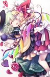  blonde_hair closed_eyes eyebrows_visible_through_hair flandre_scarlet flower frills from_side green_hair green_skirt hat hat_flower hat_ribbon heart komeiji_koishi laevatein long_sleeves miy_001 mob_cap multiple_girls nail_polish open_mouth petals petticoat profile puffy_short_sleeves puffy_sleeves red_eyes red_flower red_nails red_ribbon red_rose ribbon rose short_hair short_sleeves skirt smile third_eye touhou wings wrist_cuffs yuri 