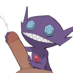  ambiguous_gender blue_eyes cum ejaculation erection handjob hi_res human male male/ambiguous mammal nintendo nude penis pok&eacute;mon pok&eacute;mon_(species) sableye sex simple_background teeth uncensored video_games white_background youjomodoki 