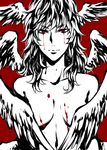  1boy angel_wings asuka_ryou blood breasts devilman eyebrows feathered_wings feathers head_wings long_hair nude red_eyes satan_(devilman) simple_background solo wings 
