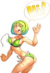  1girl bikini estyy green_hair text yellow_eyes 