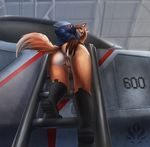  aircraft anthro anus boots bottomless butt canine cheek_tuft clothed clothing female footwear fox fur green_eyes hair hand_on_butt inner_ear_fluff inside jadedragoness ladder looking_at_viewer looking_back looking_down low-angle_view mammal partially_clothed pilot presenting presenting_hindquarters pussy red_fox smile solo tuft worm&#039;s-eye_view 