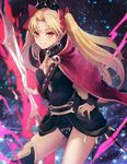  bangs black_dress black_legwear black_leotard blonde_hair blue_nails bow breasts cape closed_mouth commentary_request dress earrings ereshkigal_(fate/grand_order) fate/grand_order fate_(series) floating_hair glowing glowing_weapon gold_trim hair_bow hand_on_hip highres holding holding_weapon hoop_earrings jewelry leotard light_particles long_hair long_sleeves looking_at_viewer nail_polish parted_bangs print_dress print_leotard red_bow red_cape red_eyes shiny shiny_hair skull small_breasts smile solo sparkle spine standing thighhighs tsurime two_side_up weapon wind yukihama 