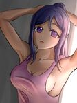  10s 1girl adjusting_hair armpits arms_behind_head arms_up blue_hair breasts large_breasts long_hair looking_at_viewer love_live! love_live!_sunshine!! matsuura_kanan no_bra open_mouth ponytail purple_eyes sideboob solo standing tank_top upper_body yoshi_futo 