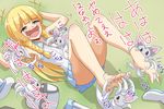  1girl armpits arms_up barefoot between_toes blonde_hair blue_skirt blush braid cinccino convenient_leg crying eyebrows_visible_through_hair feet female foot_tickling green_eyes half-closed_eyes iberiko_(soinesitai) laughing legs_up lillie_(pokemon) long_hair lying on_back open_mouth pleated_skirt pokemon pokemon_(creature) pokemon_bw pokemon_sm shiny_skin shirt shoes_removed skirt sleeveless sleeveless_shirt smile tears teeth text tickling tied_hair toes translation_request twin_braids white_shirt 
