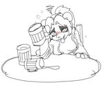  ahegao alcohol anthro beverage black_and_white blush breasts chair clothed clothing cup dazed drunk female gaehong hair hair_tie li_li_stormstout long_hair looking_pleasured monochrome one_breast_out open_shirt pandaren ponytail simple_background sitting solo table tongue tongue_out video_games warcraft young 