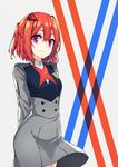  arms_behind_back character_request commentary cosplay cowboy_shot darling_in_the_franxx half_updo healther highres looking_at_viewer military military_uniform purple_eyes red_hair short_hair simple_background smile solo uniform 