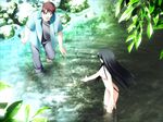  1boy 1girl black_hair game_cg\r\n gayarou makino_nanami nude outside skinny_dipping suigetsu wading water 