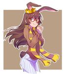  animal_ears blush border brown_background brown_eyes brown_hair bunny_ears cropped_legs crown eyebrows_visible_through_hair hair_between_eyes hands_clasped highres iesupa long_hair looking_at_viewer outdoors own_hands_together red-framed_eyewear rwby scarf seiyuu_connection sketch smile solo velvet_scarlatina white_border 