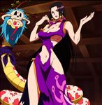  1girl bare_arms bare_shoulders black_hair blue_eyes boa_hancock breasts cleavage curvy earrings large_breasts long_hair navel one_piece salome_(one_piece) screencap snake stomach thighs underboob 