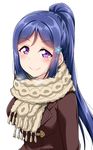  blue_hair blush jacket long_hair love_live!_sunshine!! matsuura_kanan ponytail scarf smile violet_eyes yopparai_oni 