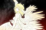  1boy angel_wings asuka_ryou blonde_hair blue_eyes blush breasts devilman devilman_crybaby eyebrows feathered_wings feathers head_wings hzlk long_hair nude satan_(devilman) solo wings 