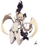  :d arm_up artist_name bare_shoulders black_panties black_sclera blonde_hair breasts breasts_apart claws commentary demon_girl demon_horns demon_tail full_body hair_between_eyes horizontal_pupils horns lansane long_hair long_tongue looking_at_viewer low_twintails medium_breasts navel o-ring o-ring_top open_mouth original pale_skin panties paws pointy_ears side-tie_panties signature simple_background smile solo stomach tail tongue tongue_out twintails underwear very_long_hair white_background yellow_eyes 