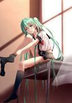  aqua_eyes aqua_hair desk dressing geduan hatsune_miku highres legs long_hair md5_mismatch on_desk school_uniform sitting sitting_on_desk skirt sock_pull socks solo twintails uniform very_long_hair vocaloid window 