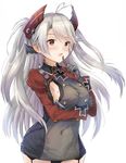  antenna_hair azur_lane blush breasts brown_eyes commentary_request covered_navel dress garter_straps gloves grey_dress grey_gloves hair_ornament headgear highres iron_cross large_breasts long_hair long_sleeves looking_away mole mole_on_breast parted_lips prinz_eugen_(azur_lane) sideboob silver_hair simple_background solo suzuta_yume two_side_up very_long_hair white_background 