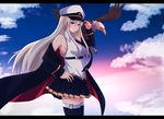  azur_lane bangs bird black_coat blue_sky breasts cloud cloudy_sky commentary_request cowboy_shot eagle enterprise_(azur_lane) eyebrows_visible_through_hair hat kinohal95 large_breasts long_hair looking_at_viewer miniskirt necktie open_clothes peaked_cap purple_eyes shirt silver_hair skirt sky sleeveless smile solo thighhighs very_long_hair 