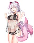  absurdres animal_ears babydoll benghuai_xueyuan black_bra black_panties bow bow_bra bra breasts cleavage fang gatari highres honkai_impact lace lace-trimmed_bra lingerie long_hair looking_at_viewer lowleg medium_breasts navel open_mouth panties pink_eyes see-through solo standing tail theresa_apocalypse underwear w_arms white_background white_hair 