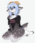  anthro blue_eyes blue_hair caprine clothed clothing collar cute english_text fur girly goat grey_fur hair hooves horn kara_(trippledot) kneeling male mammal pants princessharumi solo spots text white_fur 