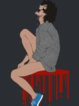 1boy black_background black_hair crying devilman devilman_crybaby eyebrows fudou_akira navel open_mouth shirt shoes short_hair simple_background solo tears 