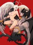  1boy 1girl blue_eyes breasts claws demon demon_boy demon_tail demon_wings devilman devilman_crybaby duo feathered_wings feathers fudou_akira head_wings large_wings monster_boy red_background shirtless simple_background siren_(devilman) tail talons white_hair wings 