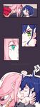  blue_hair darling_in_the_franxx green_eyes hair_ornament hairclip highres horns ichigo_(darling_in_the_franxx) long_hair milk_puppy multiple_girls pink_hair short_hair yuri zero_two_(darling_in_the_franxx) 