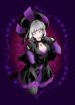  bangs belt black_gloves black_legwear black_lipstick breasts choker cleavage coat constricted_pupils crazy_smile disney disneyland dress eyeliner full_body gem gloves hat jewelry lipstick makeup marimo_(yousei_ranbu) medium_breasts overcoat pendant purple_background purple_dress purple_eyes recruiters_(disney) short_hair silver_hair solo studded_belt veil_(disney) yandere 