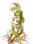  1girl blonde_hair blue_eyes gloves green_hair hairband hat instrument kokiri link pointy_ears saria sayoyonsayoyo short_hair smile the_legend_of_zelda the_legend_of_zelda:_ocarina_of_time young_link 