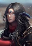  artist_name au_ra black_hair chuby_mi close-up commentary dragon_horns face final_fantasy final_fantasy_xiv gold_trim highres horns lips long_hair looking_at_viewer parted_lips realistic rimless_eyewear scales silver_eyes solo upper_body 