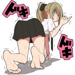  all_fours ass barefoot blonde_hair blue_eyes feet fellatio_gesture from_behind looking_back original ponytail salpin simple_background skirt soles sweat toes trembling white_background 