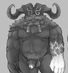  2018 balls biceps facial_hair flaccid galrock genital_piercing greyscale horn league_of_legends male monochrome musclechub muscular mustache ornn pecs penis penis_piercing piercing prince_albert_piercing riot_games video_games 