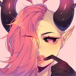  bedroom_eyes black_sclera demon female finger_to_mouth hair half-closed_eyes half_shaved_head horn humanoid_face kamochiruu looking_at_viewer open_mouth pink_background pink_eyes pink_hair pointy_ears pose seductive simple_background solo tongue 