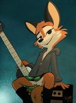 2017 amplifier anthro bass boots bottomless brown_eyes canine clothed clothing darma female footwear fox guitar hoodie looking_at_viewer mammal musical_instrument pussy rock_dog simple_background skirt smile solo standing tvma 