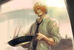  black_neckwear blonde_hair cigarette closed_mouth collared_shirt cooking eyebrows facial_hair food hair_over_one_eye holding indoors light_smile looking_down male_focus mouth_hold necktie one_piece sanji shirt short_hair sleeves_rolled_up smoke smoking standing tsuyomaru upper_body white_shirt wing_collar wok 