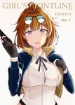  bangs black_bra black_gloves blurry blush bra bra_peek breasts brown_hair character_name commentary_request cropped_jacket dated eyebrows_visible_through_hair eyes_visible_through_hair eyewear_on_head fur-trimmed_jacket fur_trim girls_frontline gloves grizzly_mkv grizzly_mkv_(girls_frontline) gun hair_intakes half-closed_eyes handgun highres holding holding_gun holding_weapon jacket large_breasts looking_at_viewer mango_(mgo) open_clothes open_jacket open_mouth partly_fingerless_gloves pistol purple_eyes ribbon shirt short_hair sidelocks simple_background smile solo striped striped_ribbon sunglasses tareme thick_eyebrows underwear weapon white_shirt 