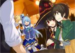  3girls :d =_= aqua_(konosuba) black_gloves black_hair blonde_hair blue_hair blue_shirt blue_skirt boots cape capelet casino clenched_teeth closed_eyes collarbone darkness_(konosuba) detached_sleeves elbow_gloves fingerless_gloves gloves gold green_eyes hair_ornament hat highres indoors kono_subarashii_sekai_ni_shukufuku_wo! long_hair megumin mishima_kurone multiple_girls non-web_source novel_illustration official_art open_mouth pleated_skirt ponytail red_eyes roulette_table satou_kazuma shirt skirt smile teeth thigh_boots thighhighs v-shaped_eyebrows witch_hat x_hair_ornament 