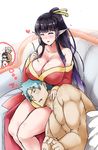  1boy 1girl bare_shoulders black_hair blush bolobolo breast_rest breasts breasts_on_head cleavage collarbone couch dress elf eyes_closed hetero highres indoors lap_pillow large_breasts long_hair pointy_ears ponytail sitting thighs very_long_hair 