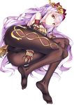  absurdres armor ass bangs bare_shoulders between_legs black_legwear blonde_hair cameltoe closed_mouth feet from_behind gatari gauntlets hand_between_legs headdress highres long_hair looking_at_viewer lying medusa_(shingeki_no_bahamut) on_back pantyhose red_eyes shingeki_no_bahamut soles solo toes white_background 