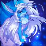 2018 angiewolf anthro blue_eyes blue_fur blue_nose breasts canine clothed clothing cosmic_background detailed_background digital_media_(artwork) ear_piercing eyelashes female fox fur hair mammal piercing smile solo white_hair 