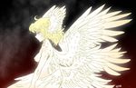  1boy angel_wings asuka_ryou blonde_hair blue_eyes breasts devilman devilman_crybaby eyebrows feathered_wings feathers head_wings hzlk long_hair nude satan_(devilman) solo wings 