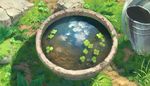  bucket cloud day grass highres moss no_humans original outdoors pippi_(pixiv_1922055) plant reflection ripples rock scenery sky still_life water watering_can 